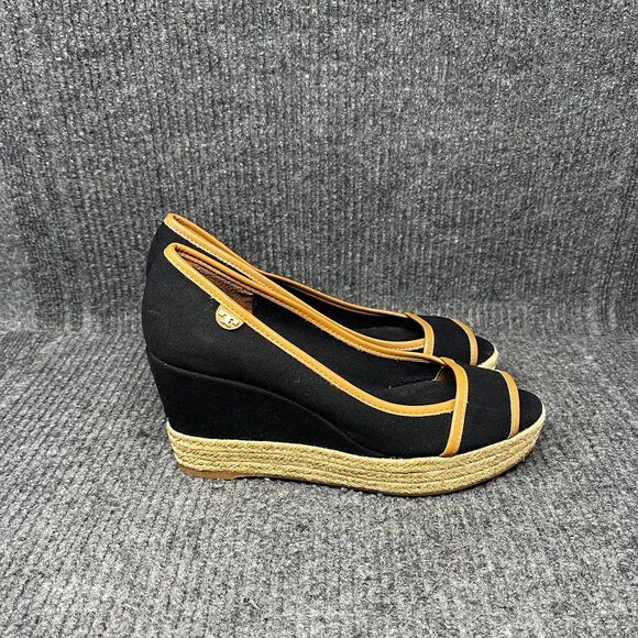Tory Burch Majorca Logo Wedge Sandals Peep Toe Black Canvas Womens 9.5 / 39.5 EU - Picture 1 of 9